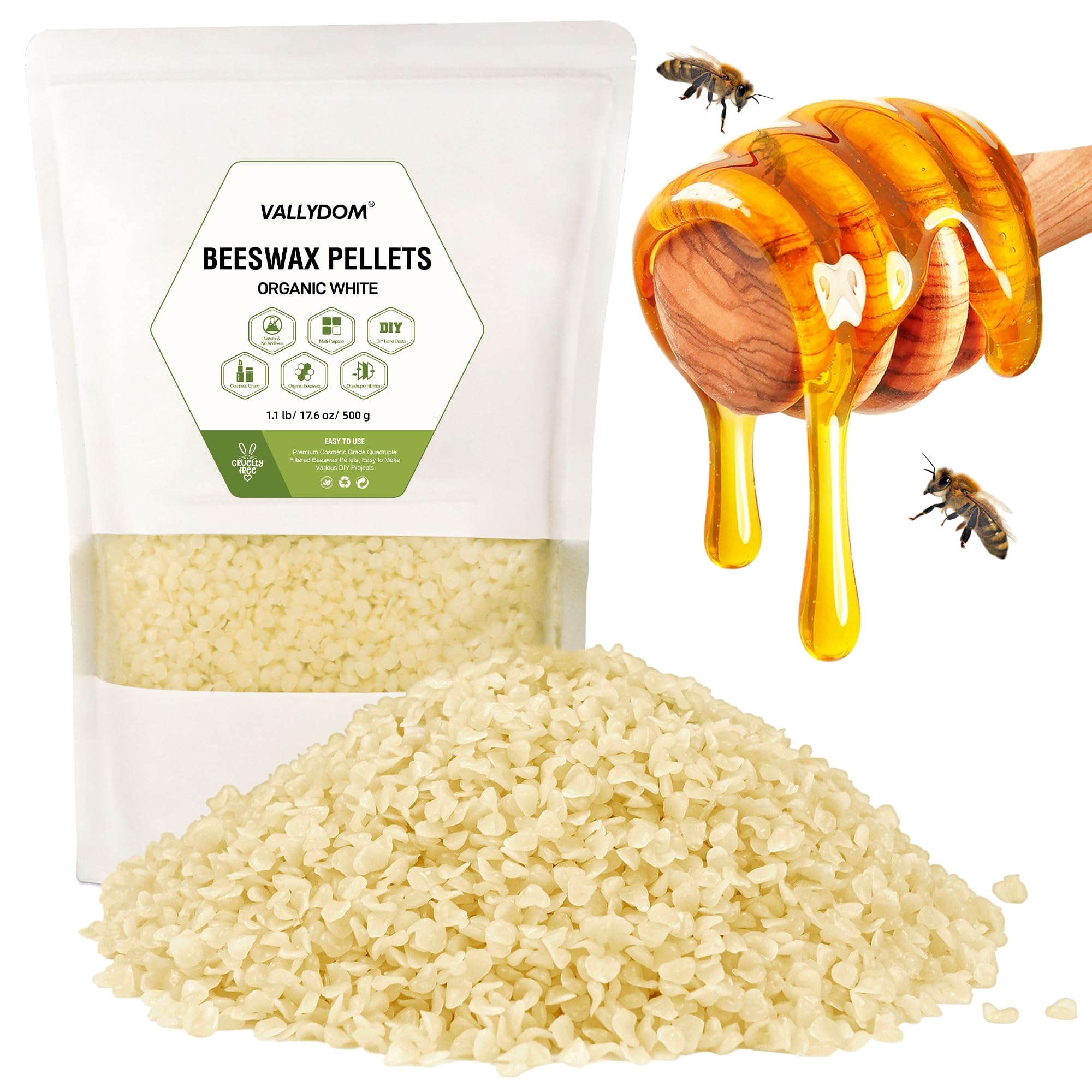 VALLYDOM Beeswax 500g White Beeswax Pellets, Candle Wax, Organic Beeswax, Wax for Candles Making, Beeswax Candles,Beeswax for Skin, Soap Making Supplies, Candle Making, Candle Wax for Making Candles