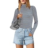 Yanekop Womens Striped Turtleneck Shirt Long Sleeve Striped Shirts Ribbed Knit Slim Fit Top Fitted Basic Tees