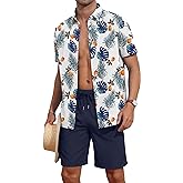 YTD Men's 2 Piece Outfits Tropical Print Short Sleeve Button Down Hawaiian Shirt and Beach Shorts Set