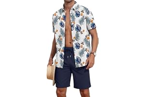 YTD Men's 2 Piece Outfits Tropical Print Short Sleeve Button Down Hawaiian Shirt and Beach Shorts Set