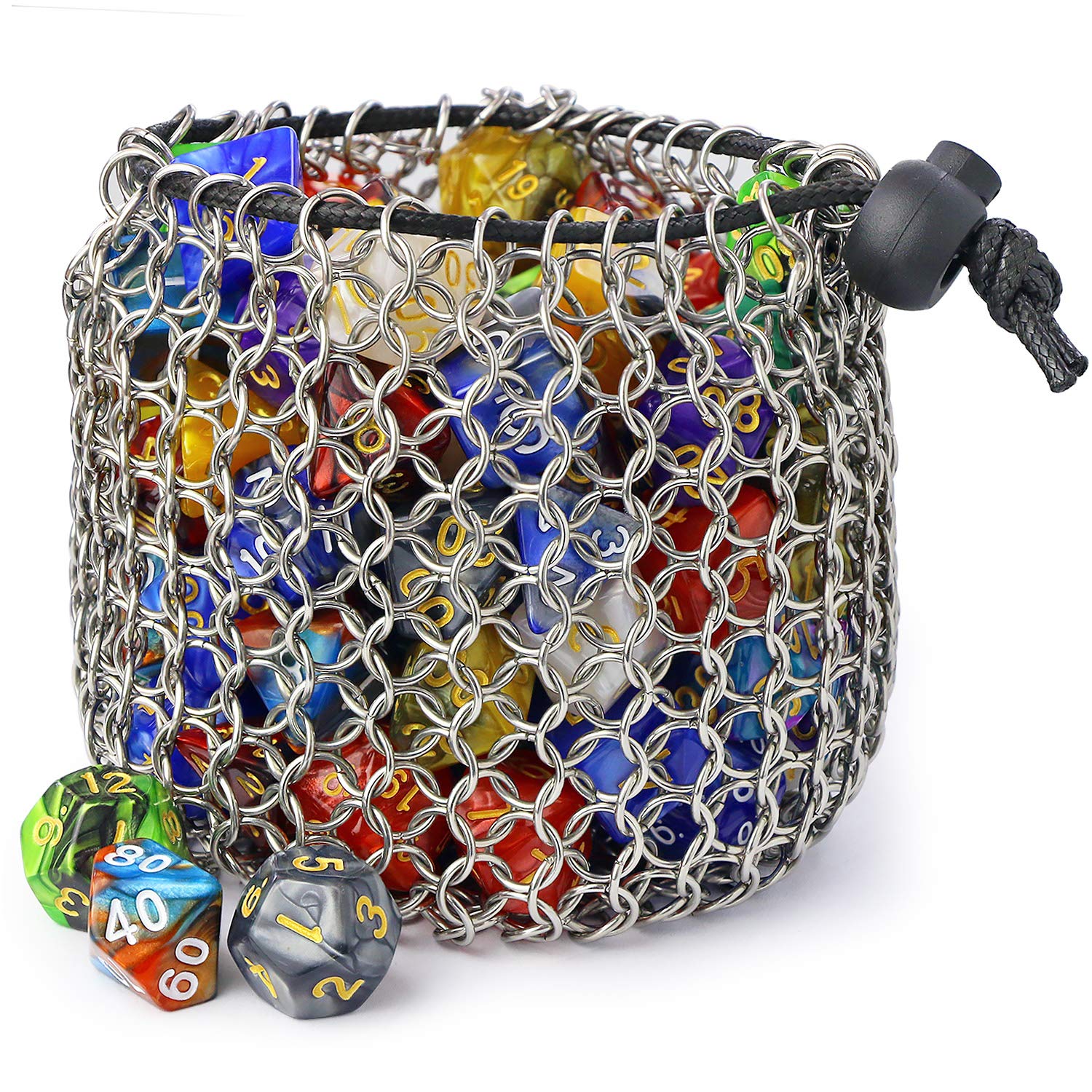 YOUSHARES Drawstring D&D Dice Bag - Large Capacity Stainless Steel Chainmail Dice Bag for Dungeons and Dragons Dice Set (Hold 100 DND Dice)