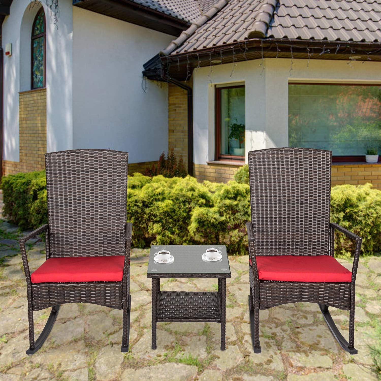 kinbor 3PCS Outdoor Rattan Rocker Chair Side Tea Table Set, Garden Rocking Wicker Lounge w/Red Cushion: Kitchen & Dining