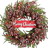 idyllic 24 inch Artificial Christmas Wreath Winter Front-Door Wreath with Pine Cones Red Berry Bells， Full Decoration Wreath for Indoor Outdoor Farmhouse Home Wall Window Festival Wedding Decor