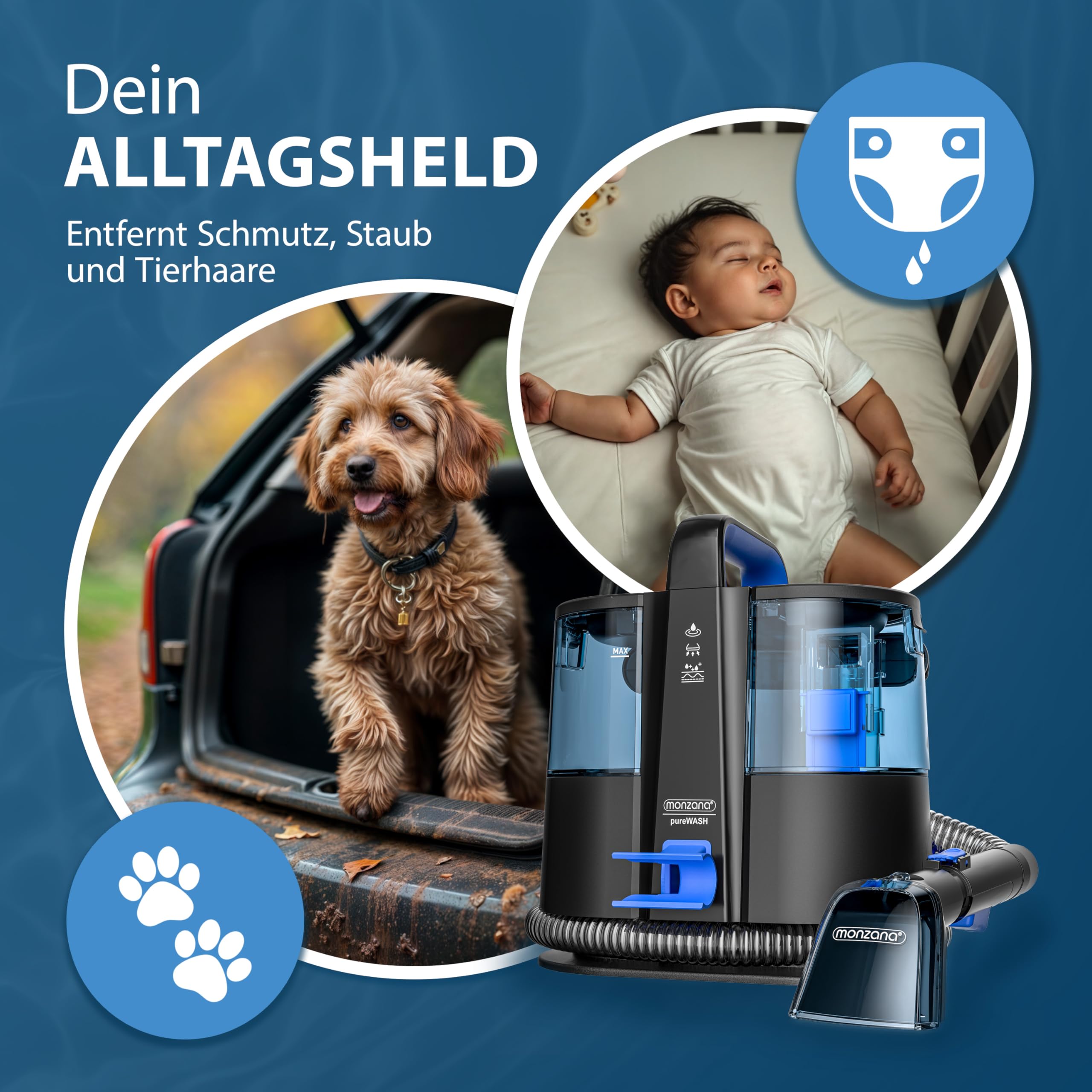 MONZANA® Polsterreiniger Gerät Waschsauger mit 2-in-1 Bürstenaufsatz für Teppiche & Polster 1,2 m Schlauch & 5,5 m Reichweite Nasssauger Teppichreiniger Haushalt 8