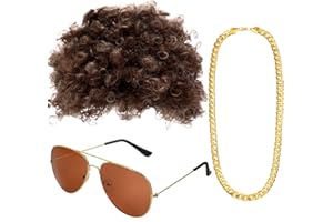 Gejoy Hippie Disco Costume Men Set Disco Wig Afro Headgear Gold Celebrity Sunglasses Funky Faux Chain for 50/60/70s Party Accessories(Brown Hair)