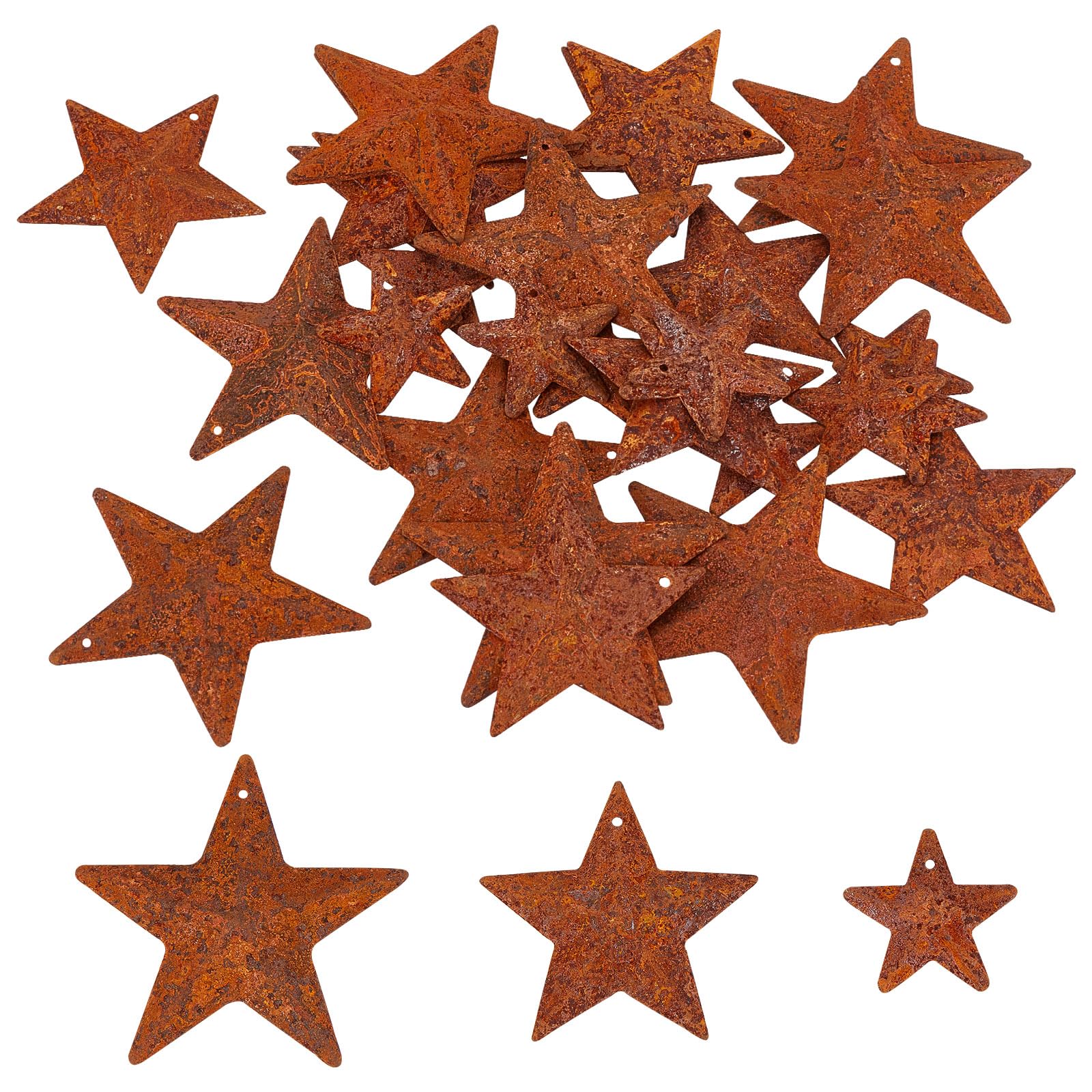 GORGECRAFT 30PCS 3 Sizes Metal Rusty Barn Star 1 Inch 1.5 Inch 2 Inch Mini Hanging Star Antique Primitives Rustic Country Tin Steel Stars Accents for DIY Crafts Vintage Farmhouse Home Door Wall Decor