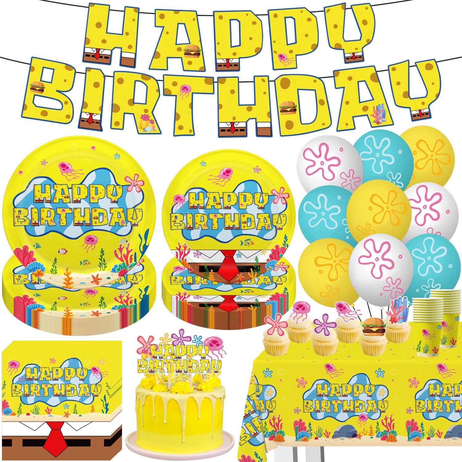 Photo 1 of 104Pcs Yellow Birthday Decorations Tableware Yellow Themed Birthday Party Supplies Include Banner Balloons Plates Napkins Cups tablecloth Cupcake Toppers and Cake Topper for Party Decor Sever 20