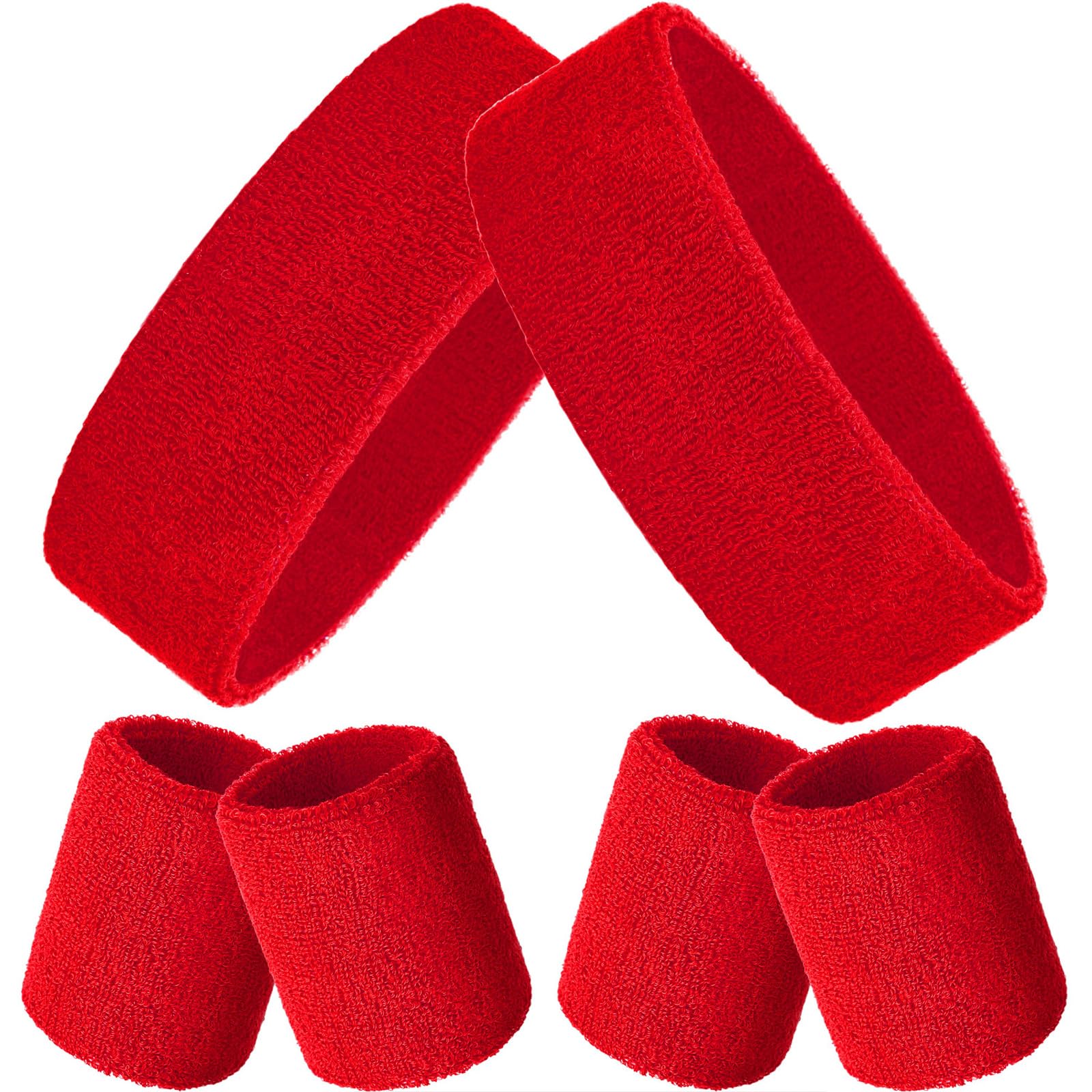 Bememo Sweatbands Set, Includes Sports Headband and Wristbands Sweatbands Colorful Cotton Sweatband Set for Men and Women (Red, 6 Pieces)