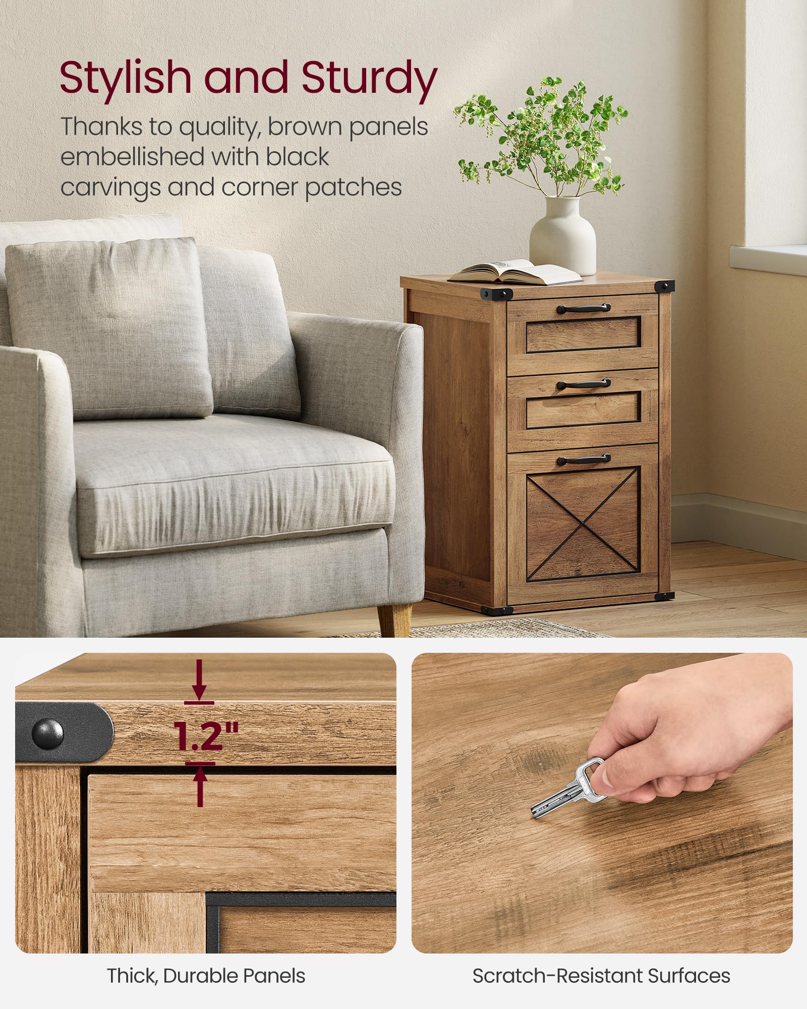 VASAGLE File Cabinet, Filing Cabinet with 3 Drawers, Printer Stand, Fit A4, Letter Size, Hanging File Folders, Modern Farmhouse Style, for Home Office, Honey Brown UOFC054T41