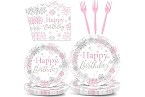 JUSTFORJOYFUL 96PCS Winter Birthday Party Decorations Snowflake Paper Plates and Napkins Winter Wonderland Baby Shower Decoration Silver Pink White Christmas Party Supplies Disposable Snowflakes Tableware Serve 24