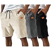 Neer 3 Pack Men's Corduroy Shorts Casual Elastic Waist Drawstring Lightweight Summer Beach Loose Fit Shorts with 3 Pockets
