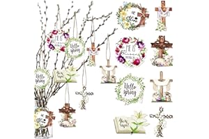 AHZEMEPINYO 24 Pieces Happy Easter Wooden Hanging Signs Easter Cross Hanging Ornaments He is Risen Wooden Signs Religious Gifts Hanging Jesus Cross Ornament for Easter Day Religious Decor
