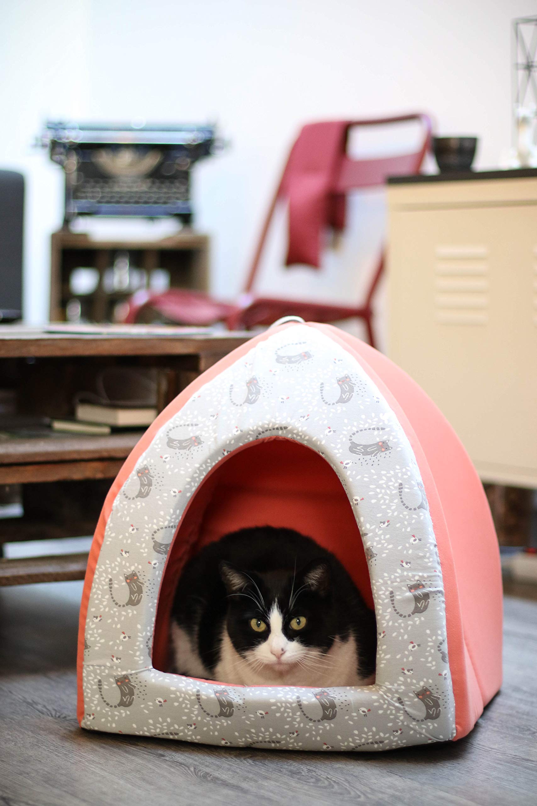 Aime Teepee Soft Comfortable Foam Cat Bed - Coral - Removable Cushion - Small