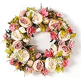 Peony Spring Wreaths for Front Door Outside 22 inch Handmade Summer Wreaths for Front Door Wall Window Decor in All Season(Large)
