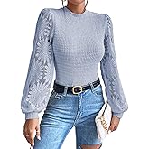 BLENCOT Womens Casual Crochet Top Mesh Lace Long Sleeve Shirts Waffle Knit Blouse Crewneck Shirt Fall Womens Tops Pullover