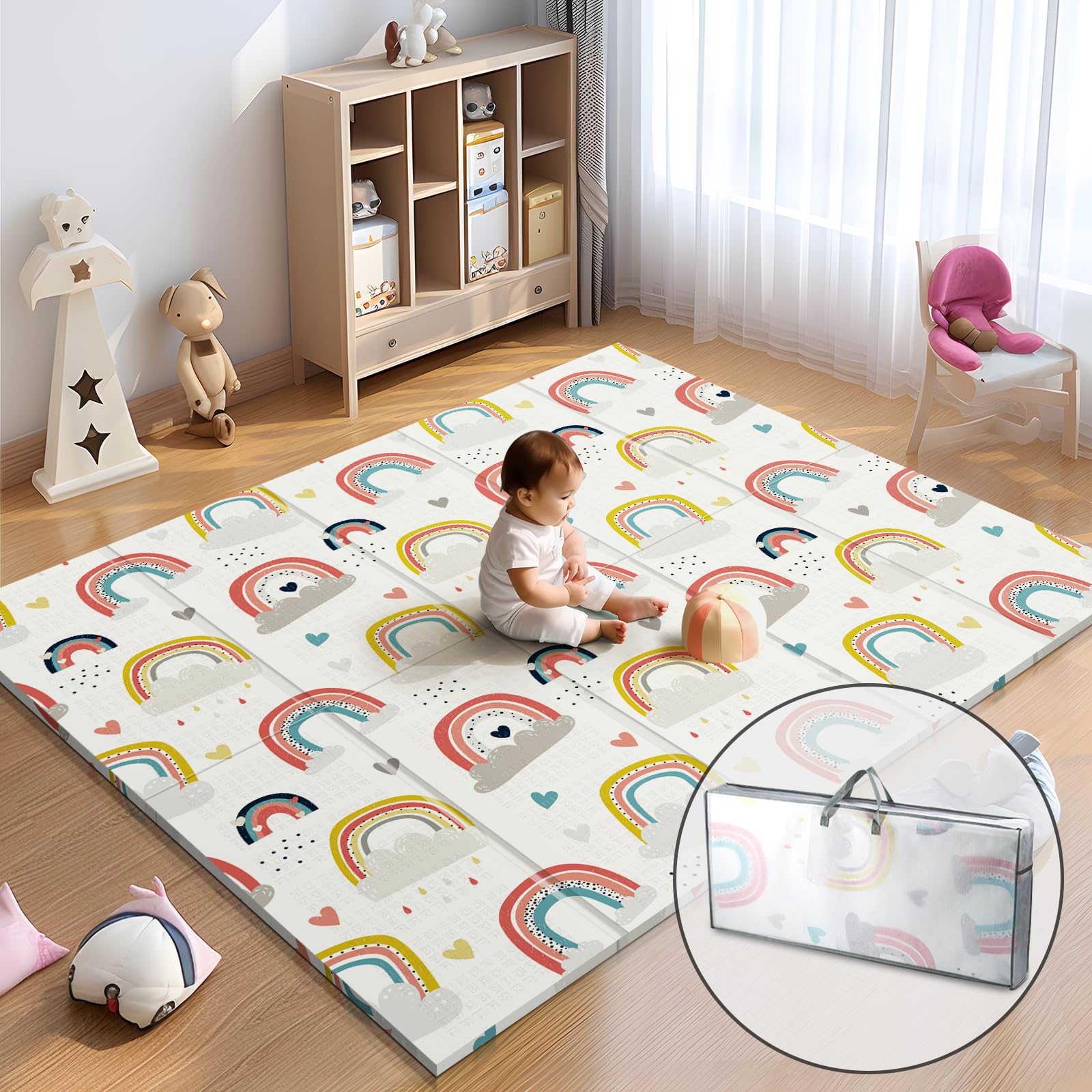 Photo 1 of *** SIMILAR IMAGE UNKNOWN SIZE***NOONKTY 79x71 Extra Large Baby Play Mat for Floor, Foldable Foam Playmat for Babies 0-12 Months & Kids, Non-Toxic Waterproof Baby Mat for Floor, Thick Playpen Mat for Tummy Time Crawling, Rainbow