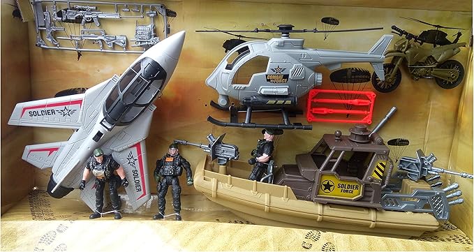 IndusBay Army Vehicle Toy Set with Military Boat Apache Helicopter Fighter Plane Bike and Special Ops Soldier Set for Kids 