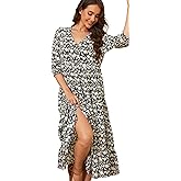 Beautiful Nomad Women's Casual V Neck Boho Dress Puff Sleeve High Waist Floral Smocked Flowy Ruffle Midi Dresses