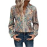 WDIRARA Women's Paisley Print Blouse Notch V Neck Long Sleeve Shirts Boho Tops
