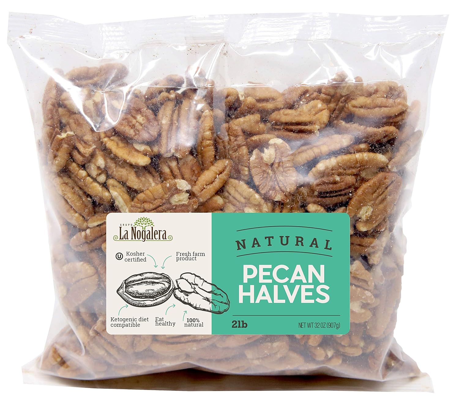 La Nogalera Pecans - Fresh Crop of natural halves in a 1 lbs hefty bag. Raw pecan nuts that compare to organic, NO SHELL, Non-GMO, No Preservatives, Unpasteurized, Kosher and Halal Certified