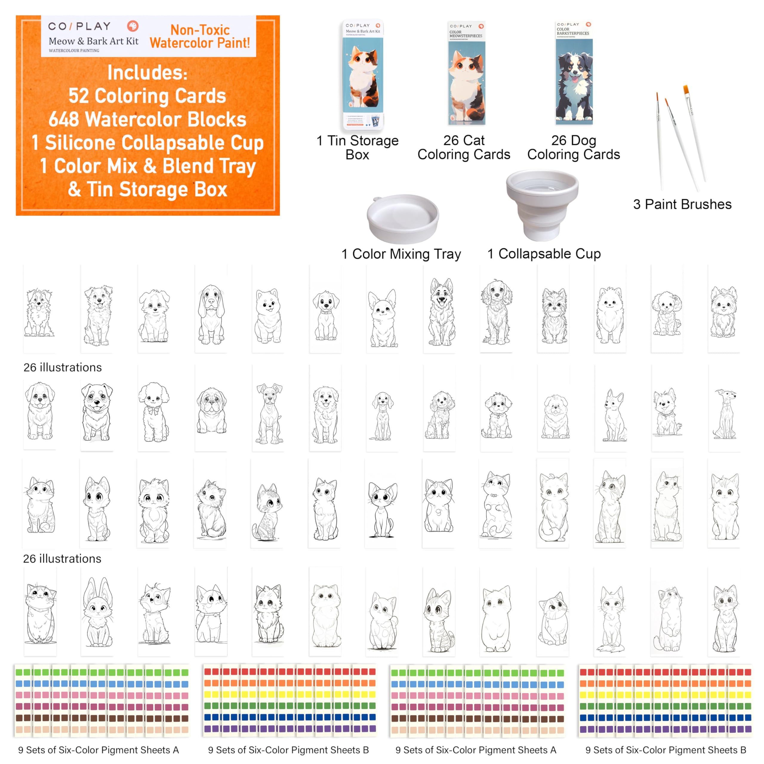 COIPLAY 648 Color Blocks Watercolor Paint Set, 52-Bookmarks, 3 Brushes, Silicone Cup, Meow/Bark Coloring Books, for All Ages, All in One Art Supplies, Birthday Gift, Christmas Gift, Gift for Adults Craft kit