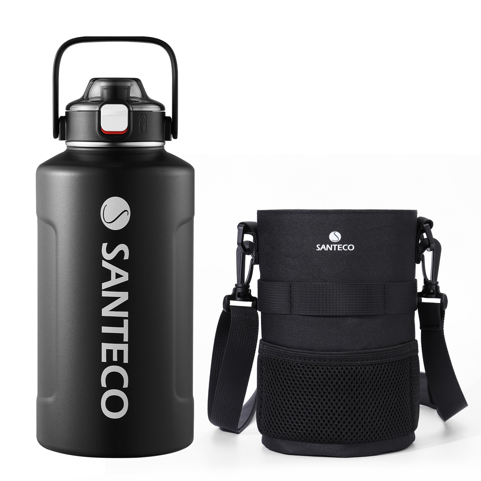 SANTECO 真空断熱 水筒 大容量 保冷 保温 1900ML ステンレスボトル ストロー付き 直飲み スポーツドリンク対応 広口 カバー付き ブラック