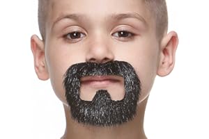 Mustaches Fake Beard, Self Adhesive, Novelty, Small Inmate False Facial Hair, Costume Accessory for Kids, Black Lustrous Color
