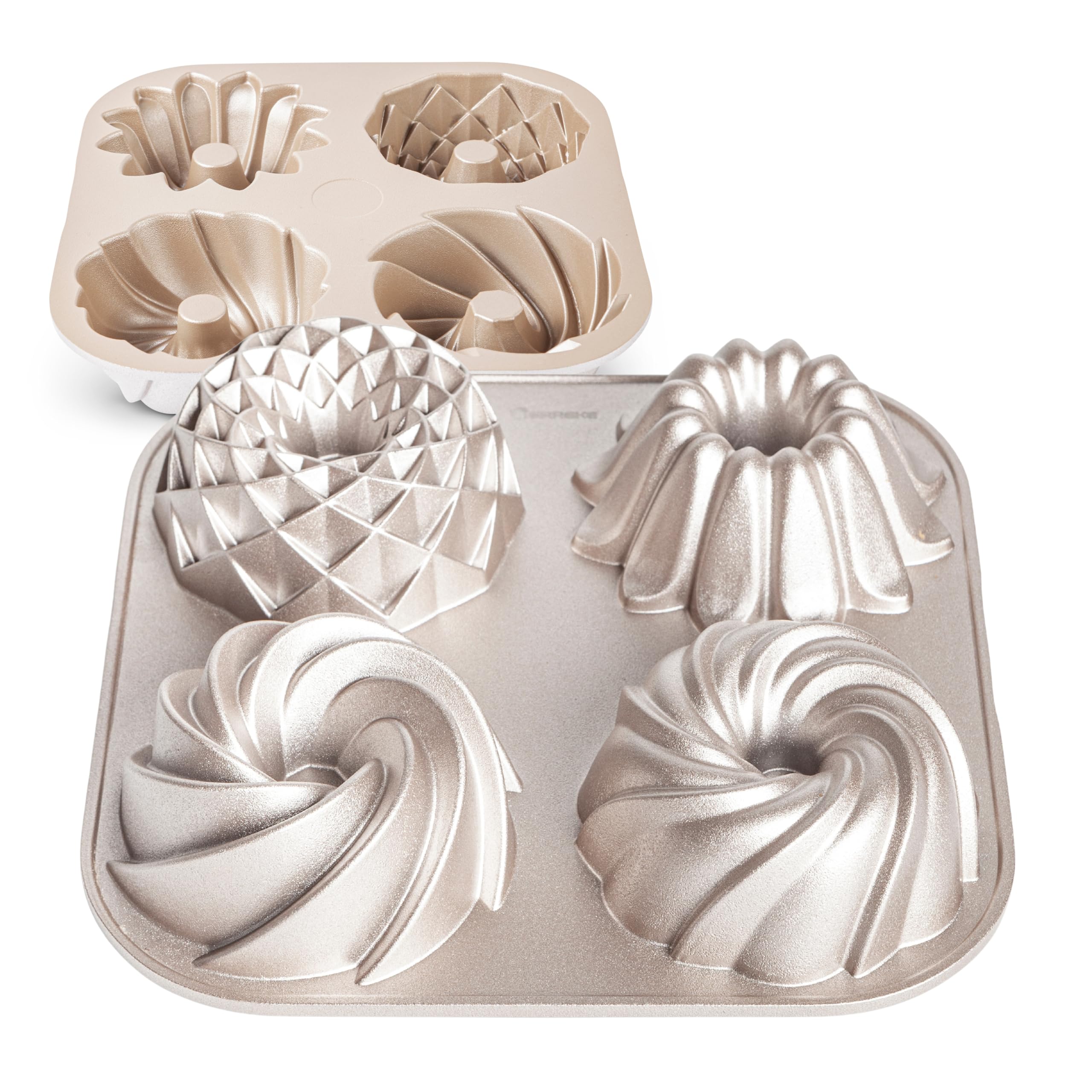 Erreke Muffin Tray, Mini Fluted Cake Tray, Cupcake Tin, Cook Evenly, Double Non Stick Layer, Highly Durable Cast Aluminium, Rose Gold, 2.5 Liter Capacity, 4 Small Cakes Mould (Tetrad)