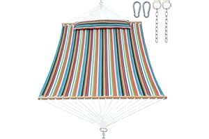 GAFETE Double Quilted Fabric Hammock with Spreader Bar, 14ft Hammocks 2 Person for Outside, Fits 12ft -14ft Hammock Stand, Large Pillow & Side Pockets & Carabiners, Max 475 lbs Capacity (Tropical)