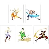 Watercolor Avatar: The Last Airbender Poster Prints - Set of 5 (8x10) Glossy Cartoon Martial Arts Water Fire Air Earth Nation Wall Art Decor - Aang - Katara - Sokka - Toph - Zuko