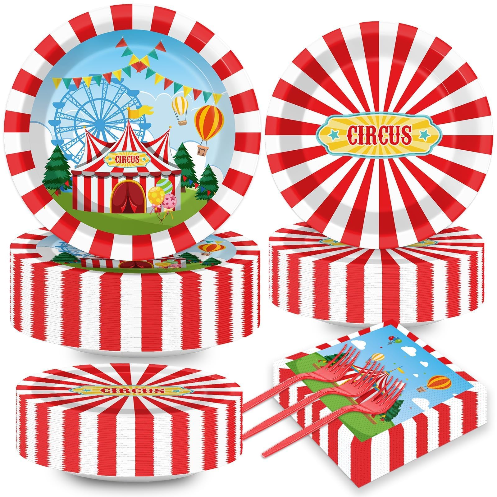 Photo 1 of 200pcs Circus Party Plates Napkins Forks Carnival Themed Party Tableware Set Red White Party Disposable Paper Dessert Cake Dinnerware Boy Girl Happy Birthday Party Baby Shower Decor Supplies Serves 50