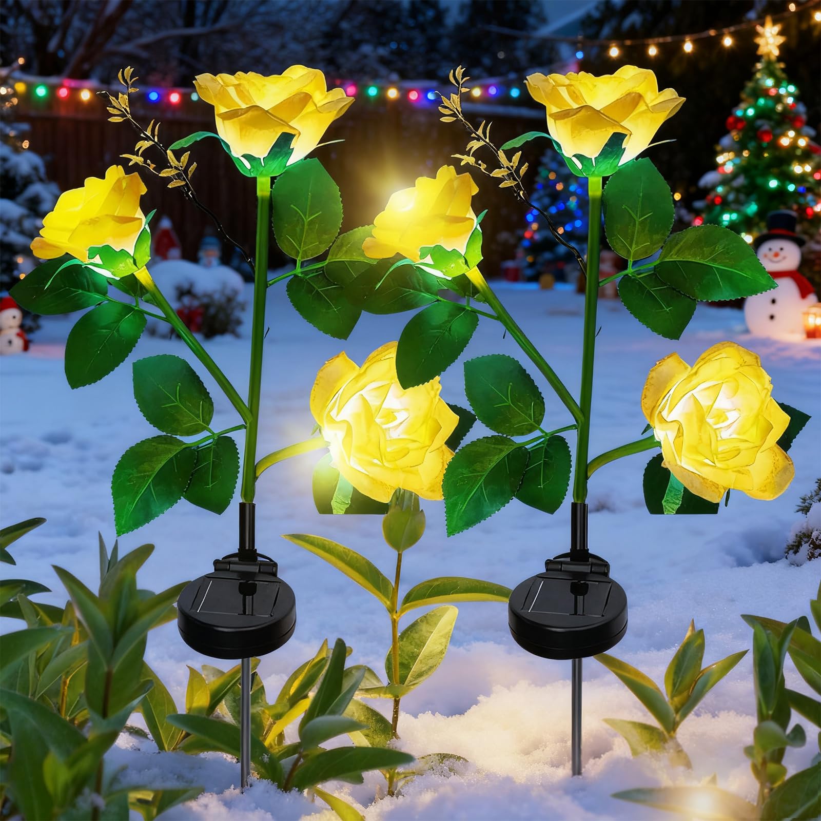 XVZ Solar Outdoor Garden Lights, 2 Packs Solar Flower Garden Stake Lamps with 6 Rose Waterproof Decorative Lights for Lawm Garden Patio Yard Pathway Party Decoration(Yellow)