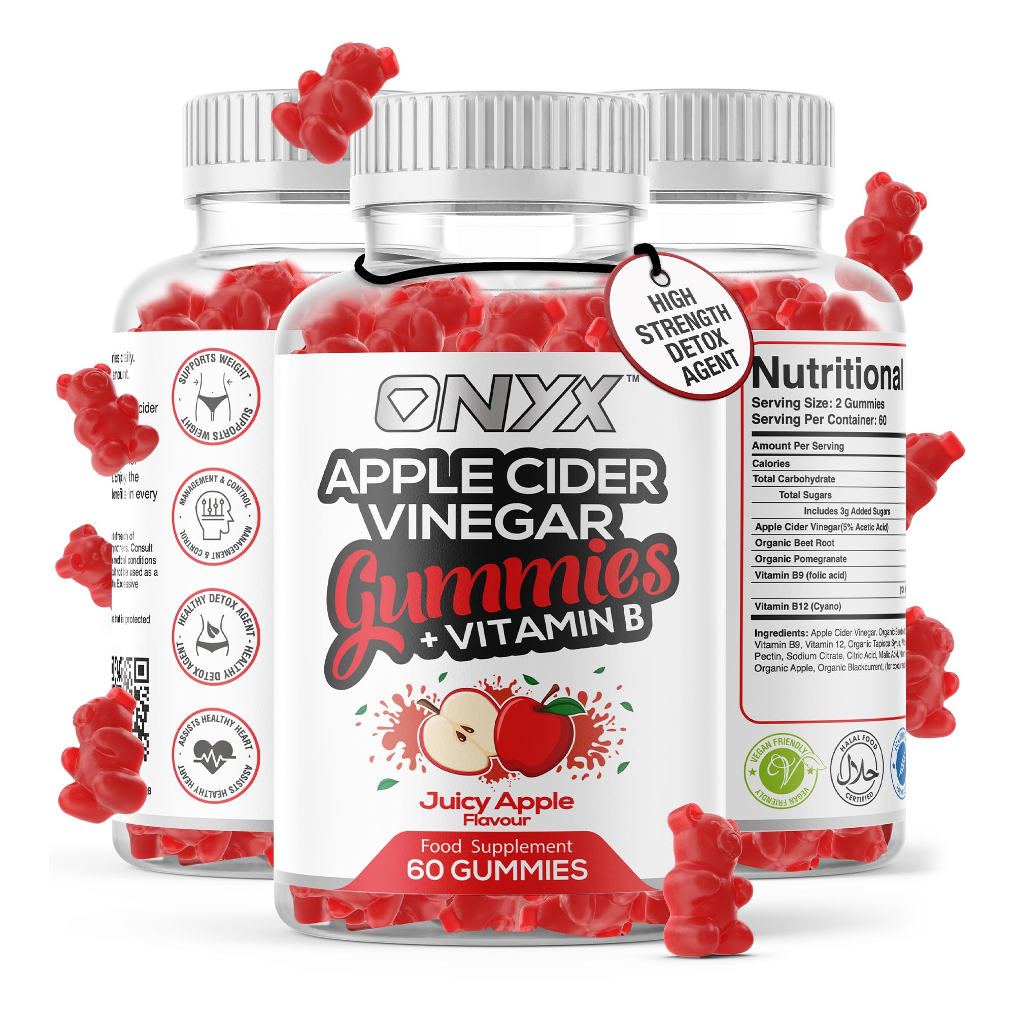 Apple Cider Vinegar Gummy 1500mg - Pure Apple Cider Vinegar with Mother + Vitamin B12 & B9-60 Vegan Gummies