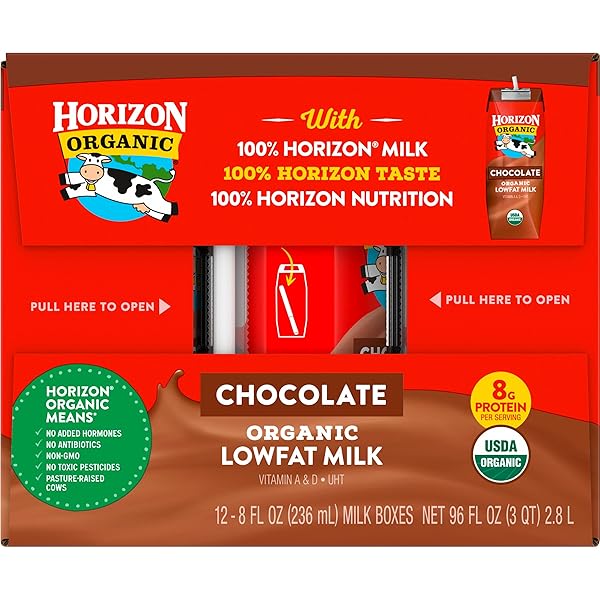 HORIZON ORGANIC SHELF STABLE 1% LOWFAT CHOCOLATE MILK BOXES, 8 FL OZ, 12 COUNT – 8G PROTEIN PER SERVING, USDA ORGANIC UHT FROM PASTURE-RAISED COWS, READY TO DRINK FOR LUNCHBOX, TRAVEL, OR ON-THE-GO, NO REFRIGERATION NEEDED