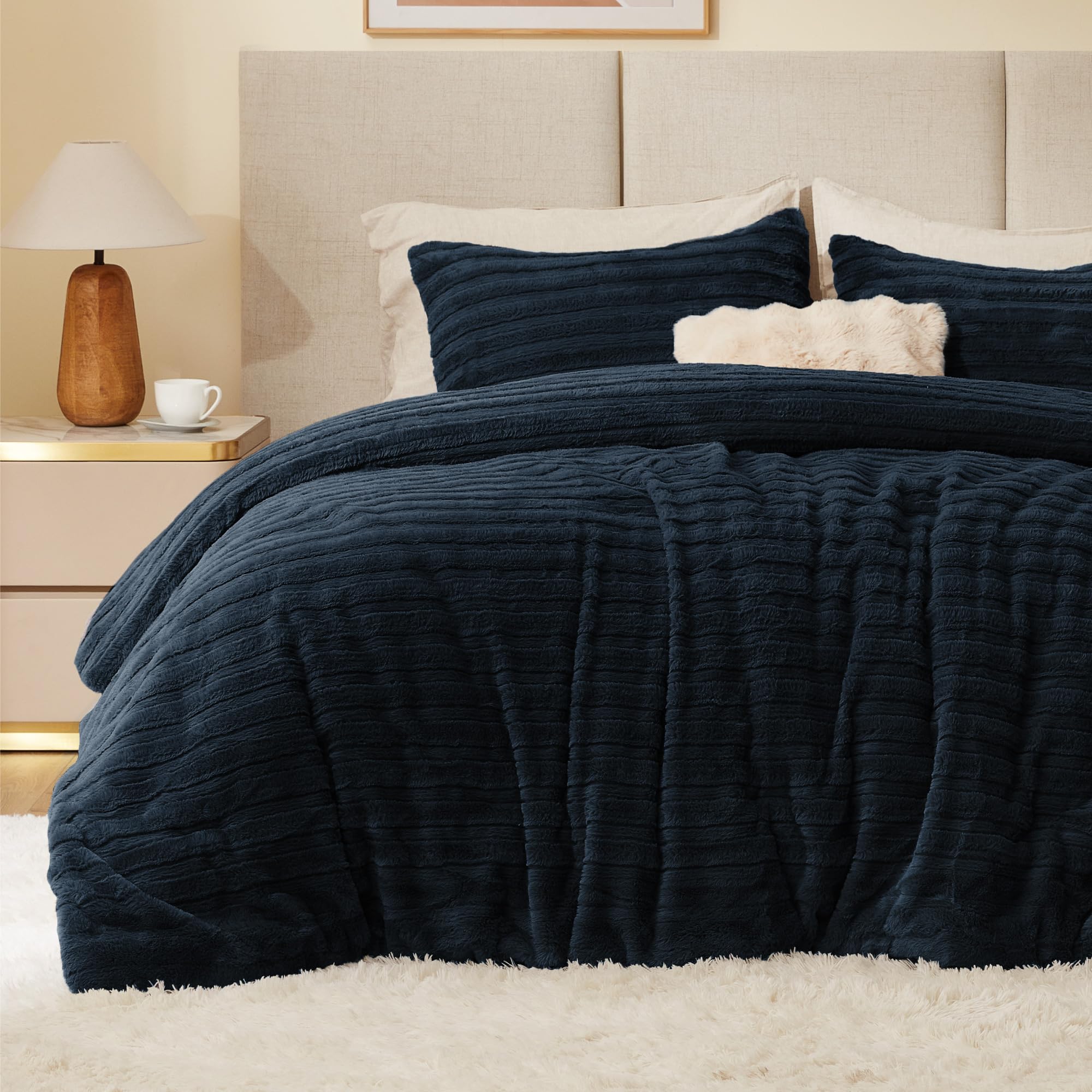 Photo 1 of BEDELITE Fleece King Comforter Set -Super Soft & Warm Fluffy Navy Faux Fur Bedding, Luxury Fuzzy Heavy Bed Set for Winter with 2 Pillow Cases