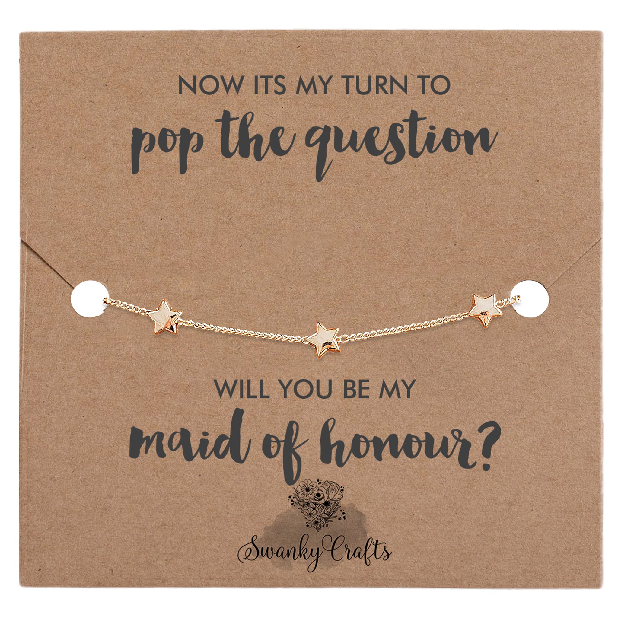 Swanky Crafts Will you be my bridesmaid proposal, bridesmaid gifts for maid of honor, flower girl and bridesmaids Adjustable Gold Star bracelet, with message on card and gift wrap. (Maid of Honour)