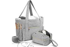 Bulyoou 2 Pcs Crochet Bag and Tote Set Corduroy Yarn Bag Crochet Tote Bag for Crochet Hooks Organizer Yarn Holder for Crochet Lovers Knitting Bag Crochet Accessories(Grey)
