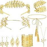 ERDOGLY Greek Goddess Costume Accessories Set for Women, Golden Laurel Leaf Crown, Headpiece, Earrings, Roman Toga Waist Belt