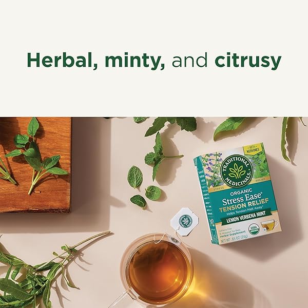 TRADITIONAL MEDICINALS ORGANIC STRESS EASE TENSION RELIEF TEA, LEMON VERBENA MINT, 96 COUNT