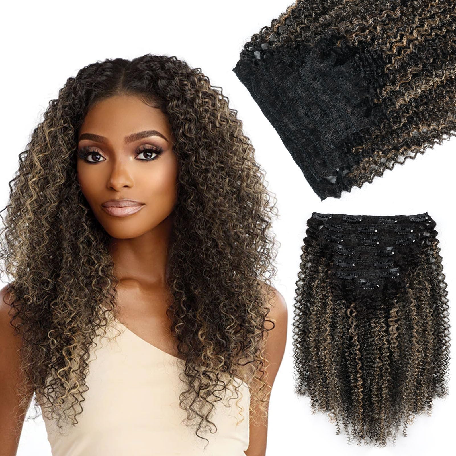 Yuniffe Afro Curly Clip in Hair Extensions for Black Women Real Human Hair Clip ins Afro Kinky Curly Rooted Black to Off Black With Caramel Blonde Double Weft Remy Hair Clip ins 12 Inch 7Pcs 120g — image 1