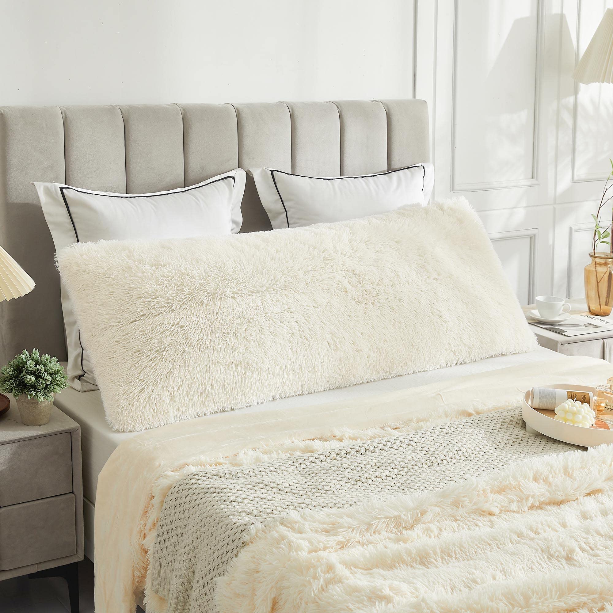 Photo 1 of LIFEREVO Off White Body Pillow Cover,Luxury Shaggy Ultra Soft Plush Faux Fur Pillowcase 20"x54" for Bed Couch,Microfiber Long Pillowshams for Pregnant Women/Mother/Wife(Light Beige)