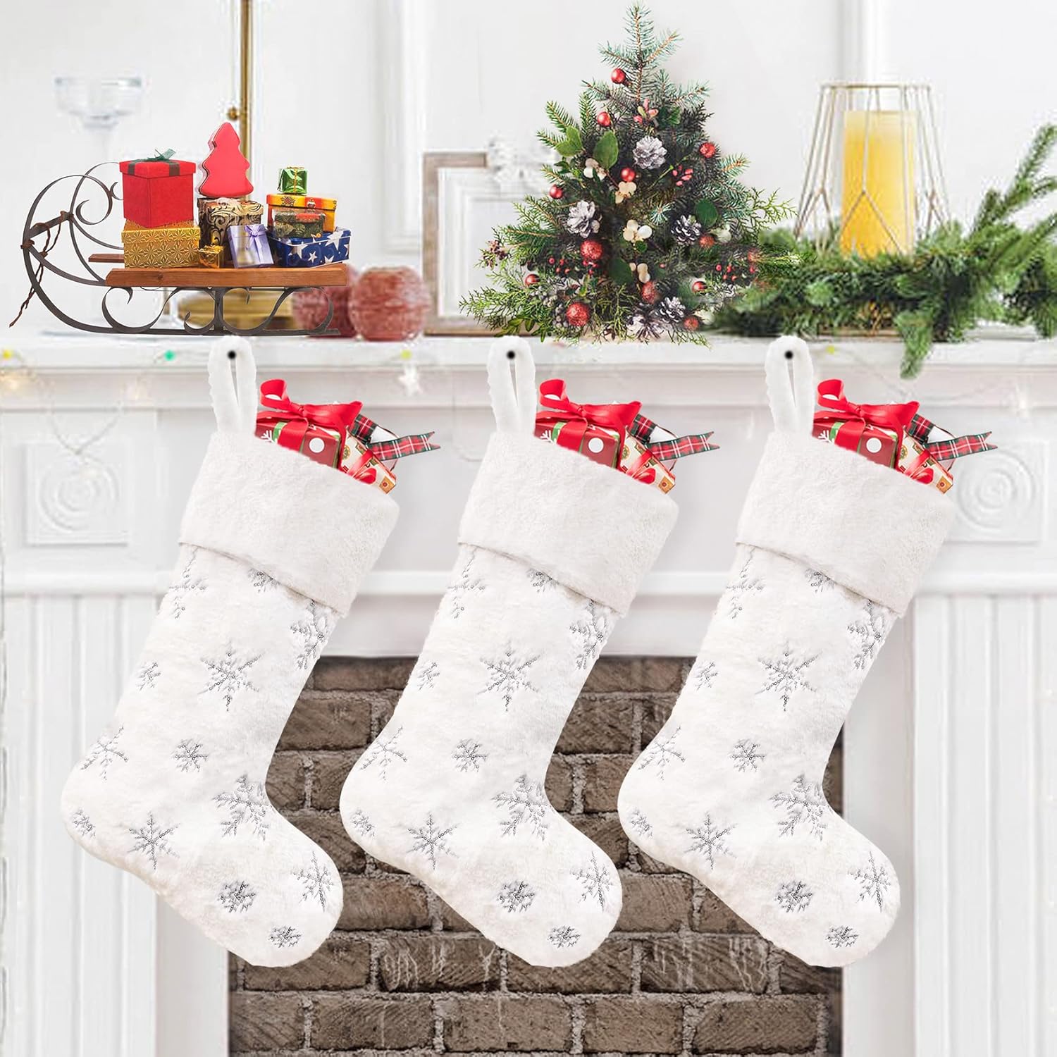 Stockings & Holders - CARAKNOTS White Christmas Stockings Set of 3 Large Faux Fur Stockings Christmas Decoration Xmas Holiday Fireplace Hanging for Family Kids