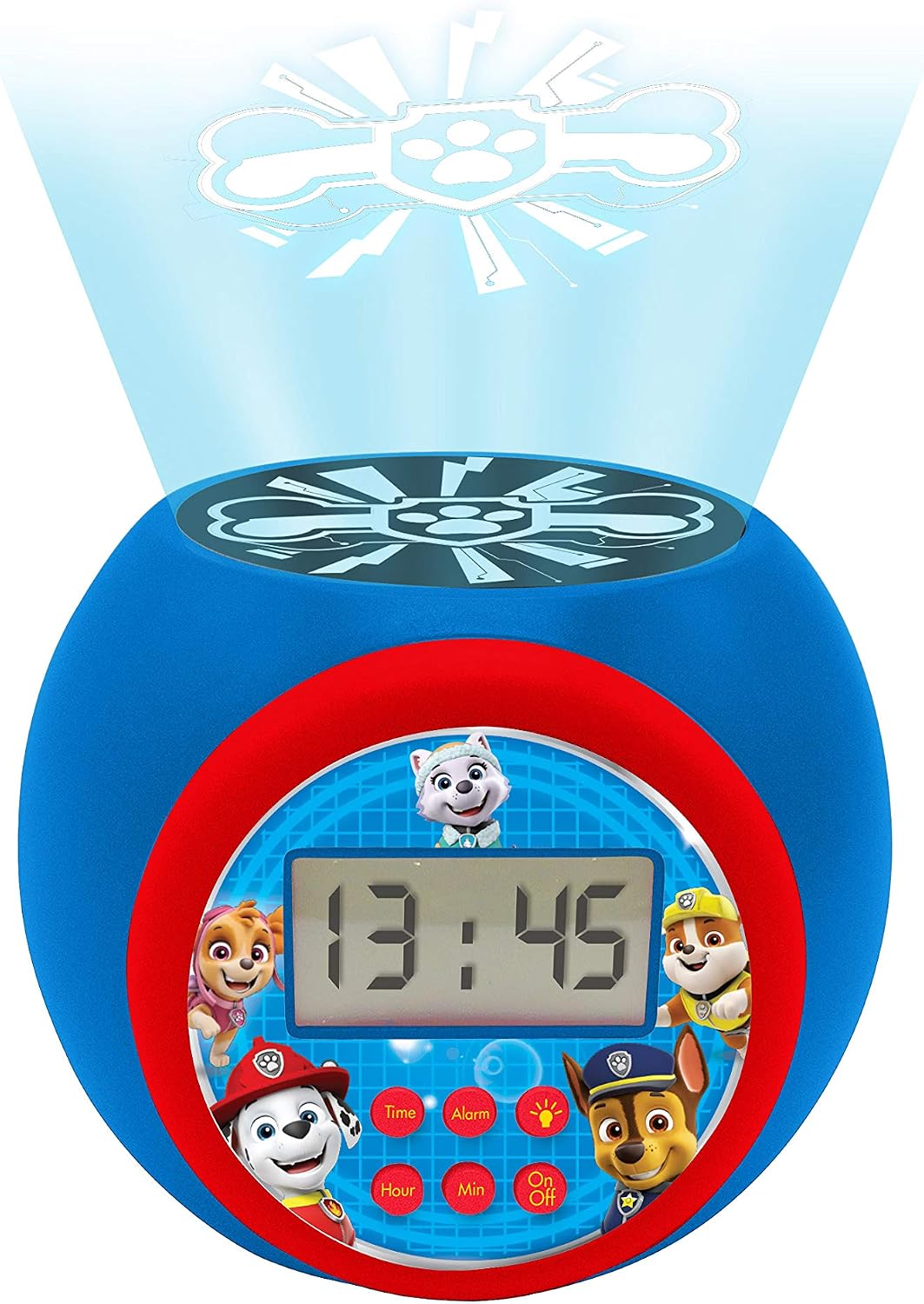 LEXIBOOK, Paw Patrol Projector alarm clock with snooze function and alarm function,Night light with timer, LCD screen