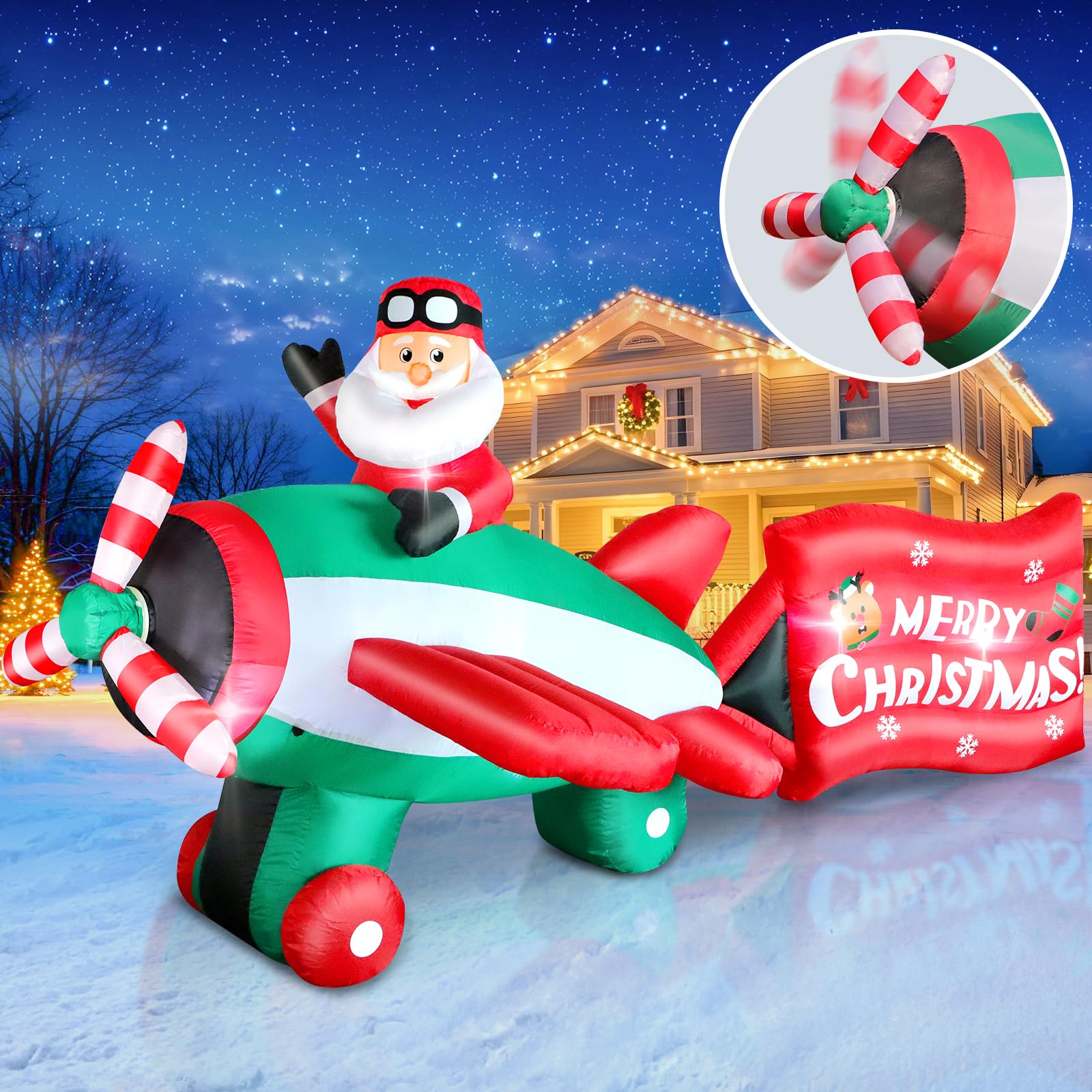 Photo 1 of 10.5FT Christmas Inflatables Santa Claus on Animated Helicopter, Giant Blow Up Santa Claus Flying Airplane, Lighted Inflatable Outdoor Decorations for Garden Yard Holiday Party Lawn Decor