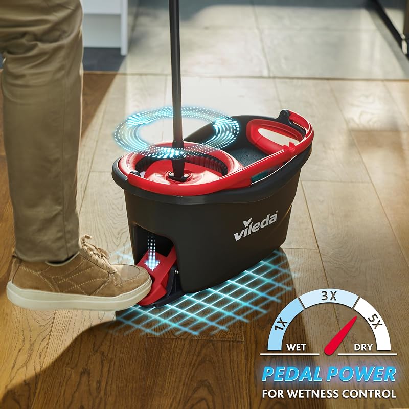 Esfregona vileda turbo easy wring & clean com balde de pedal, cabo telescópico de 85 a 130 cm, com limpador giratório, microfibra 2 em 1, vassoura cinza