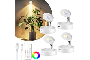GUANKAI 4 Pack Rechargeable LED Spotlight for Indoor, Wireless RGB Battery Operated Spot Light with Remote, Magnetic Picture Lamp with Rotatable Head, Ceiling Uplight Puck Lights for Plant Portrait Artwork