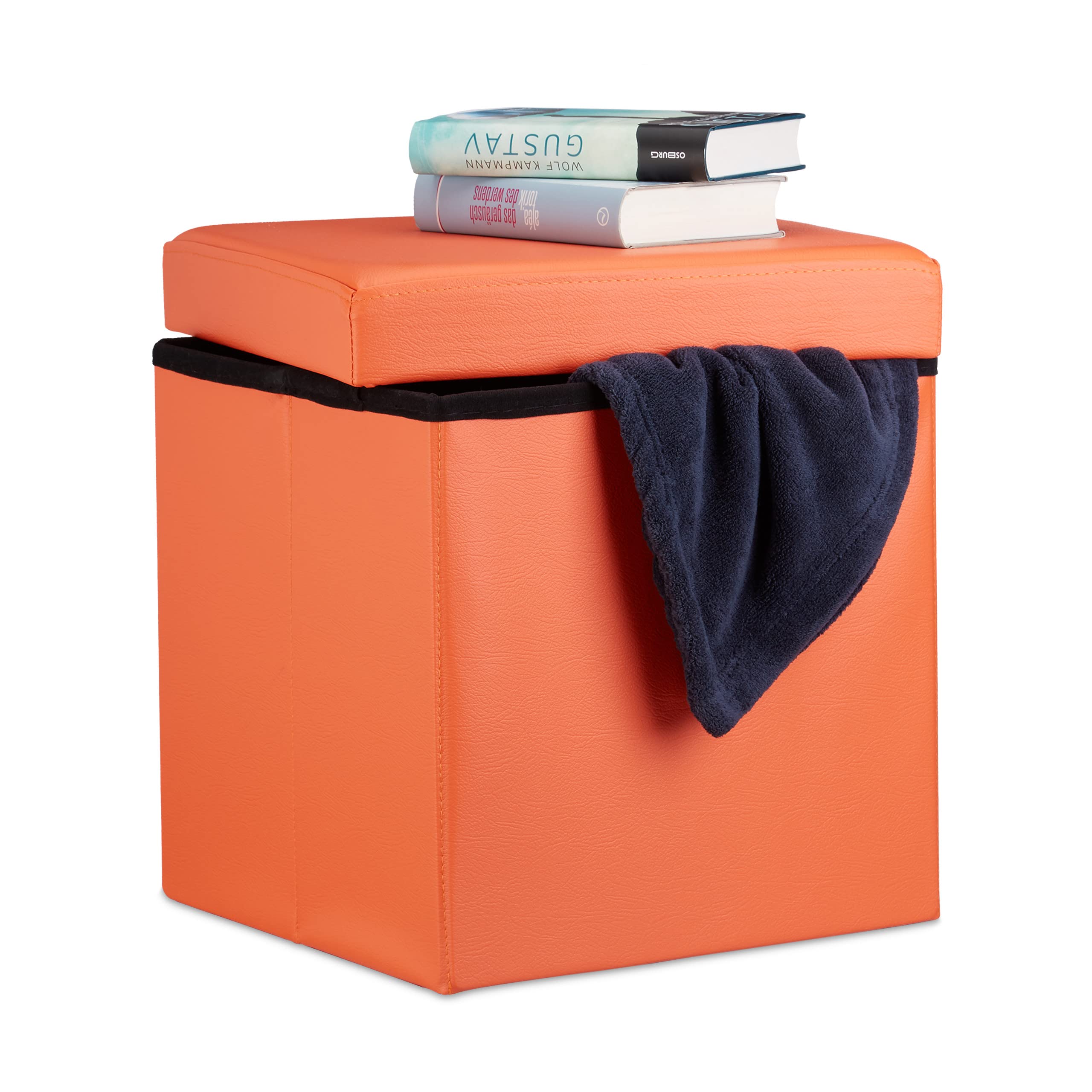 Relaxdays Folding Ottoman 38 x 38 x 38 cm Sturdy Storage Chair Pouffe and Footstool, Faux Leather Box, Removable Lid, Orange