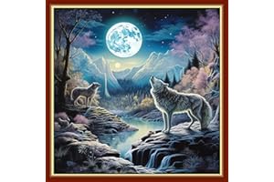 Findvoor Stamped Cross Stitch Kits for Beginners Full Range of Cross Stitching Embroidery Pattern for Kids or Adults, 11CT DIY Needlepoint Embroidery Starter Kits-Wolf Moon Night 17.7x17.7 inch