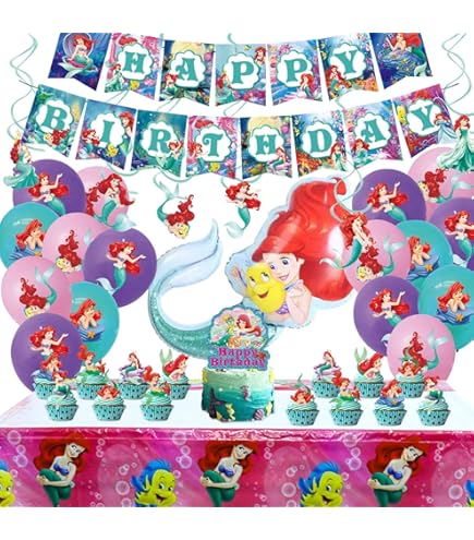 The Little Mermaid Ariel Birthday Party Supplies Bundle - 16 Plates, 16 Napkins, 1 Table Cover, 1 Sticker Sheet