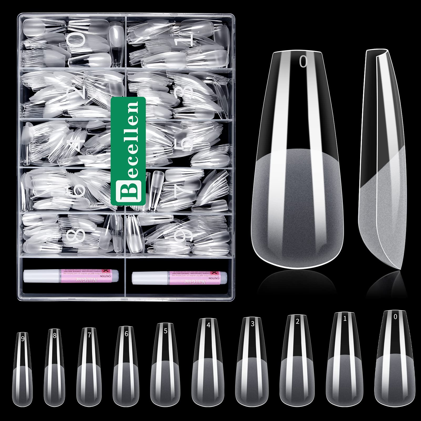 Becellen 500pcs Coffin Nail Tips, Full Cover Soft Gel False Nail Tips Clear Press on Nails for Nails Extensions Nail Art Salons, 10 Sizes